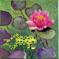 water lily painting, frog oil painting, pink lotus and frog wall art, flowers pond artwork