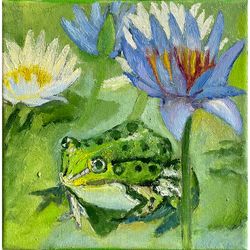 Water Lily Pond Painting, Original Oil Painting on Canvas, Frog Wall Art Lotus, Flower Canvas Art