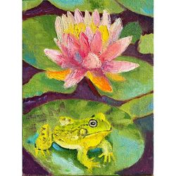 Lotus Painting Original Oil Painting on Canvas, Water Lily and Frog Wall Art, Modern Artwork Pond oil Painting