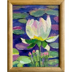 Water Lily Painting,  Floral Oil Painting, White Lotus Wall Art, Flowers Artwork, Framed Oil Painting