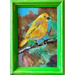 Yellow bird painting oil on canvas, Tiny warbler, Original birds wall art 7 x 5 inch, Gift for friends Framed art