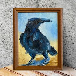 Raven Painting, Bird Wall Art, Gothic Original Art, Crow Oil Canvas, Wildlife Painting Framed Wall Decor