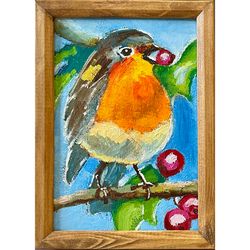 Robin bird painting original, Small artwork, Framed animal oil painting, Robin wall art