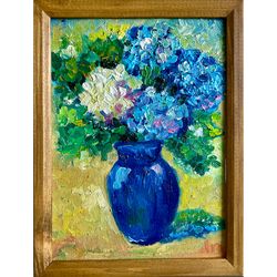 Hydrangea Framed Oil Painting Blue Flowers Home Decor Small Framed Floral Artwork