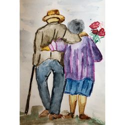 Romantic painting, watercolor, Original art, Elderly couple wall art, Love story
