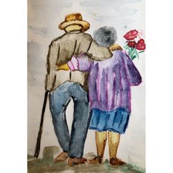 romantic painting, watercolor, original art, elderly couple wall art, love story