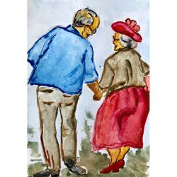Elderly couple painting, Original watercolor, Romantic painting Happy couple Love story Wall Art