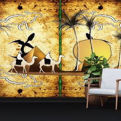 Camel And Egypt Wall Poster, Egypt Landscape Paper Art, Desert Landscape Wall Mural, Abstract Wall Decor, Stick On Wallp