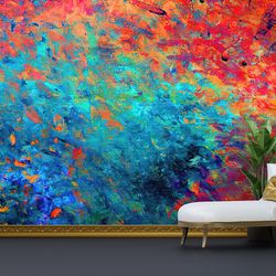 Colorful Wall Art, Abstract Wallpaper, Red Wall Decor, Blue Wall Decals, Modern Wall Paper, Self Adhesive Paper, Custom