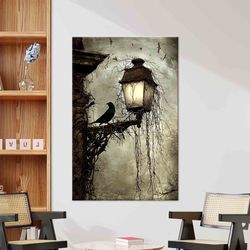 Crow And its Nest Art, Street Lamp Wall Art, Night Landscape Art, Tempered Glass, Framed Canvas, 3D Poster, Gift For Him