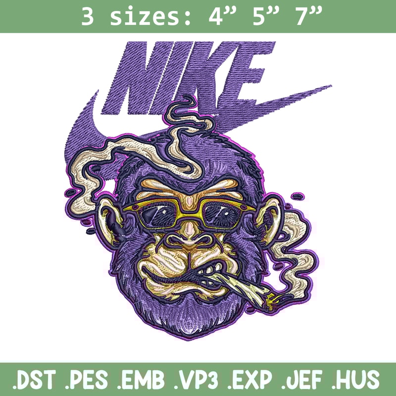 Monkey head smoking Nike Embroidery design, Monkey Embroidery, Nike design, Embroidery file, Instant download..jpg