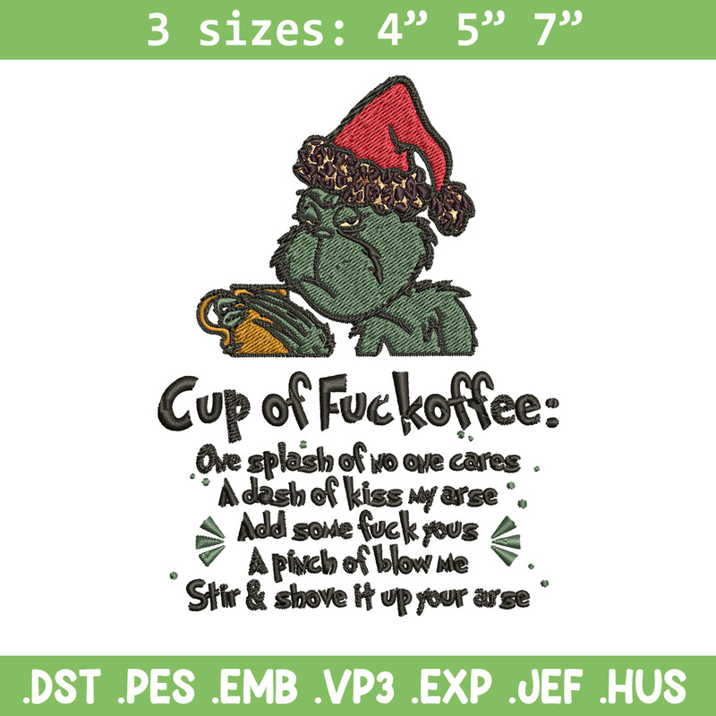 Cup of fuckoffee grinch Embroidery design, Grinch christmas Embroidery, Grinch design, Embroidery File, Instant download.jpg