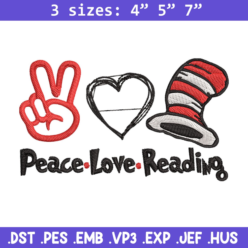 Peace Love Reading Embroidery Design, Embroidery File, logo Embroidery, logo shirt, Embroidery design, Digital download..jpg