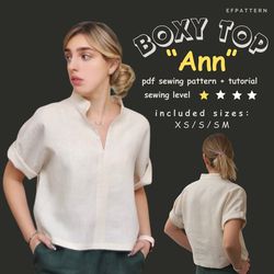 Boxy Top Ann with Collar - Sewing Pattern instant PDF download - Sizes XS, S and S/M, Digital Pattern