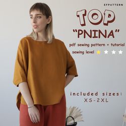 Oversized top sewing pattern, Pnina Kimono top PDF pattern, digital pattern