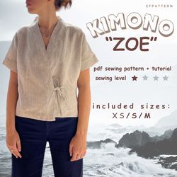 Boxy top sewing pattern, kimono top with tie closure, instant PDF download, Sizes XS, S and M.