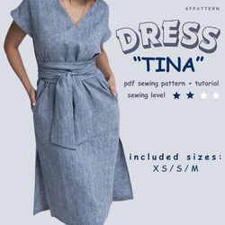 Tina Wrap Dress with side slits - Sewing Pattern instant PDF download - Sizes XS, S and M, Digital Pattern