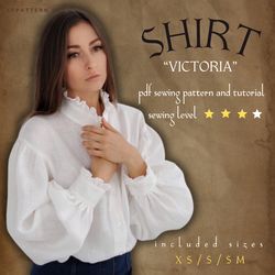 Victorian blouse Sewing Pattern instant PDF download, Ruffle collar shirt Victoria, Sizes XS, S and S/M, Digital Pattern