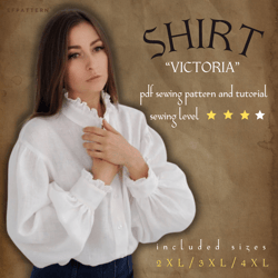 Victorian blouse Sewing Pattern instant PDF download, Ruffle collar shirt Victoria, Sizes 2XL, 3XL and 4XL, Digital