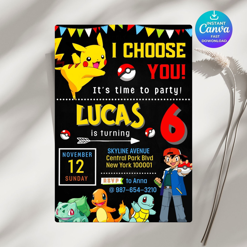 Editable Pokemon Birthday Invitation Template Pikachu Card Invitation Canva Editable Pokemon Birth 6