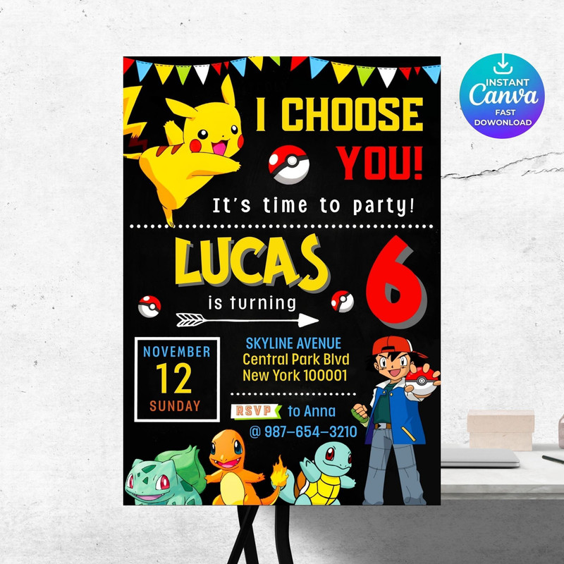 Editable Pokemon Birthday Invitation Template Pikachu Card Invitation Canva Editable Pokemon Birth 7