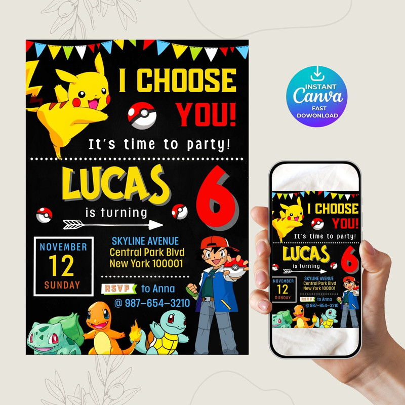 Editable Pokemon Birthday Invitation Template Pikachu Card Invitation Canva Editable Pokemon Birth 1