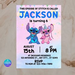 stitch and angel birthday invite | editable cartoon party template | digital kids invitation | printable birthday card