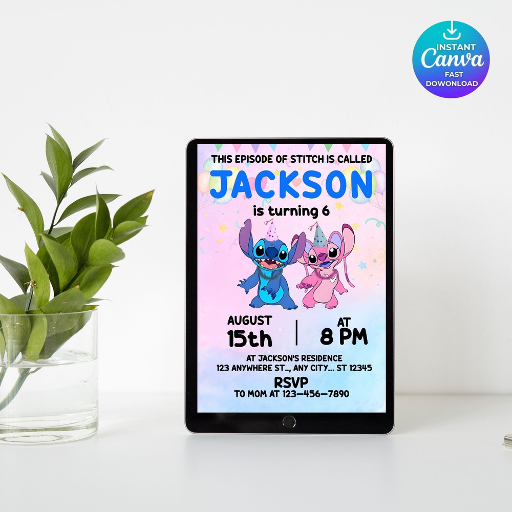Stitch And Angel Birthday Invite  Editable Cartoon Party Template  Digital Kids Invitation  Printab 7