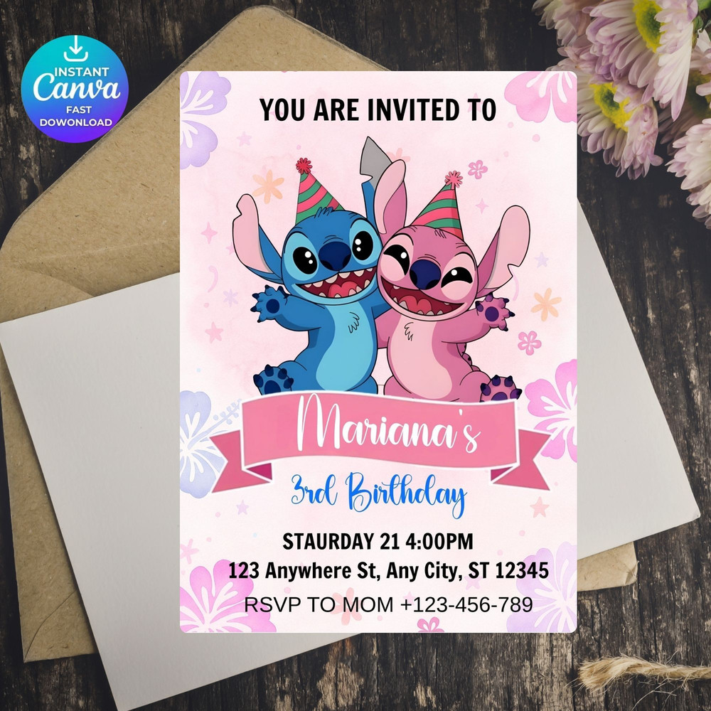 Editable Stitch Birthday Invitation Template Canva Editable Birthday Invitation Stitch Birthday Par 5