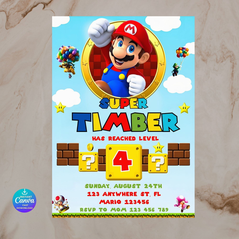Super Mario Editable Birthday Invitation Canva Template Editable Mario Bros Invitation Super Mario 1