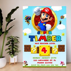 super mario editable birthday invitation, canva template, editable mario bros invitation, super mario birthday