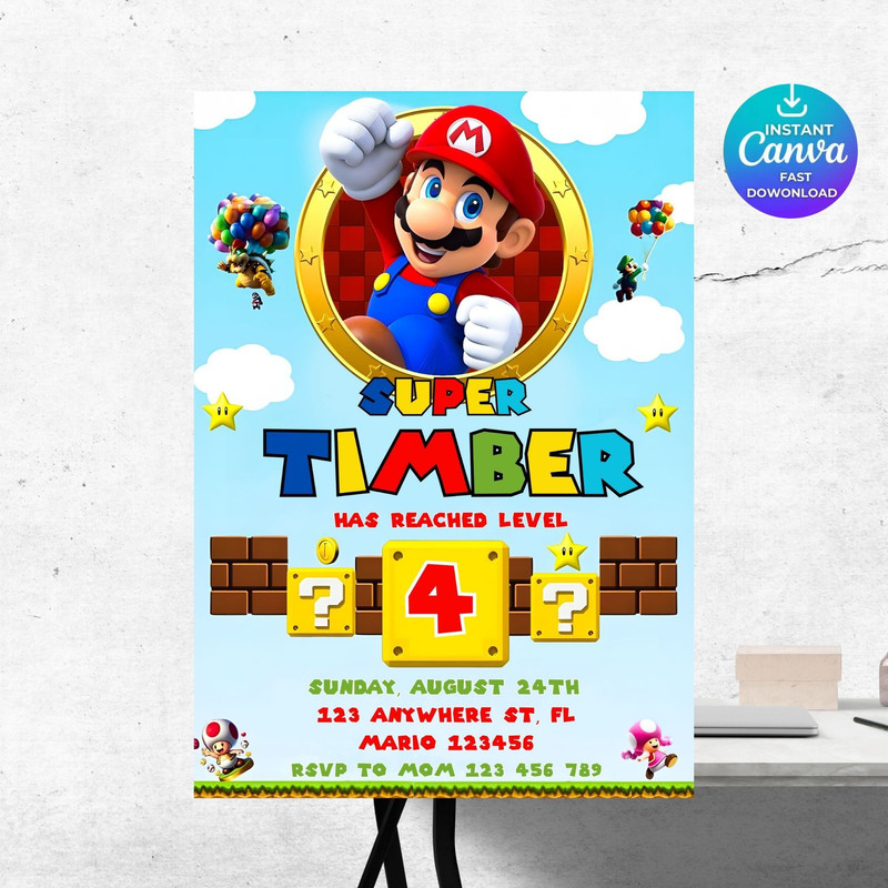 Super Mario Editable Birthday Invitation Canva Template Editable Mario Bros Invitation Super Mario 6