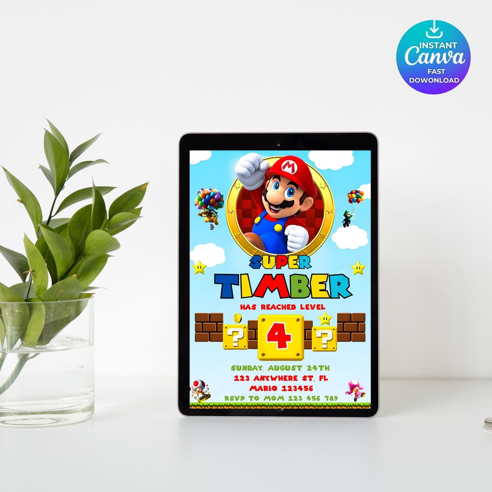 Super Mario Editable Birthday Invitation Canva Template Editable Mario Bros Invitation Super Mario 7