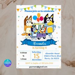 bluey birthday invitation, birthday invitation, birthday girl party invite, bluey birthday party invite, canva editable