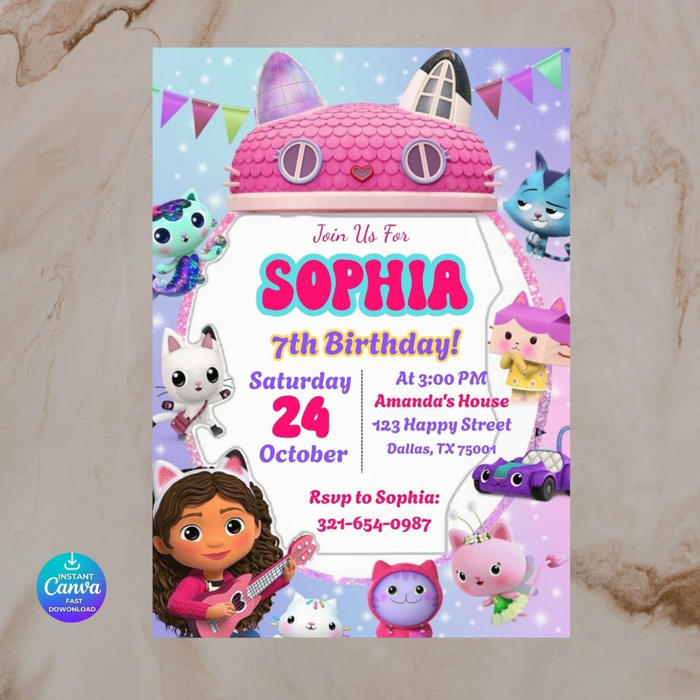 Editable Gabbys Dollhouse Invite Kids Birthday Dollhouse Birthday Dollhouse Party Invitation Editab 0