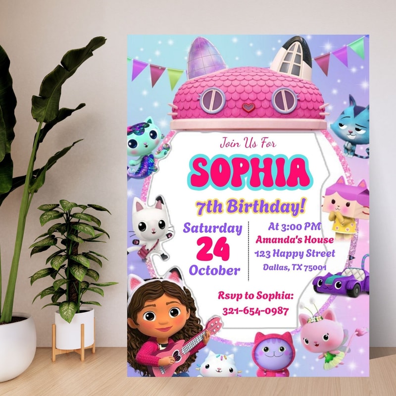 Editable Gabbys Dollhouse Invite Kids Birthday Dollhouse Birthday Dollhouse Party Invitation Editab 1