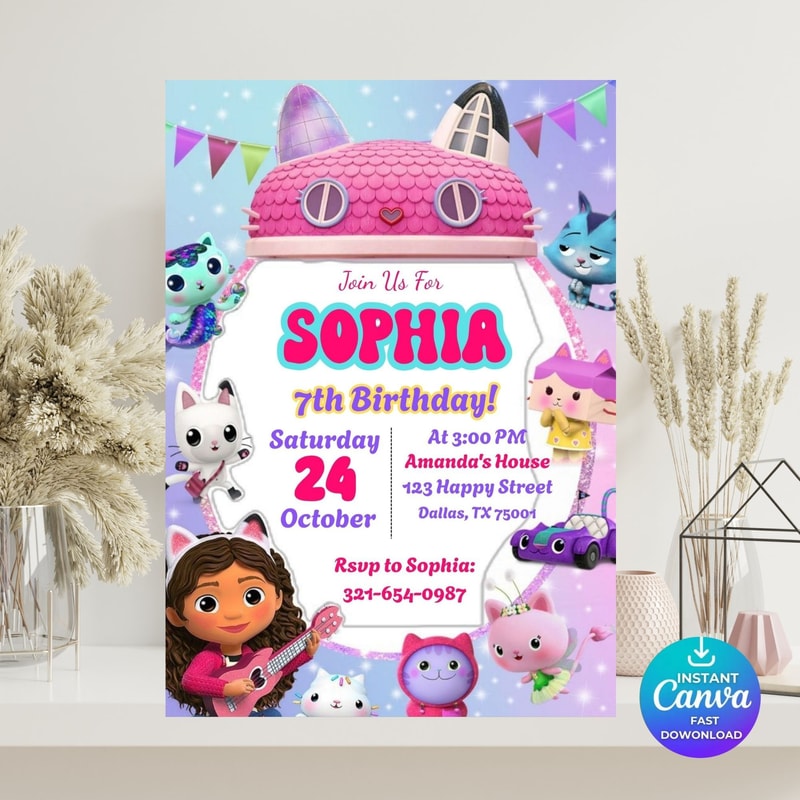 Editable Gabbys Dollhouse Invite Kids Birthday Dollhouse Birthday Dollhouse Party Invitation Editab 2