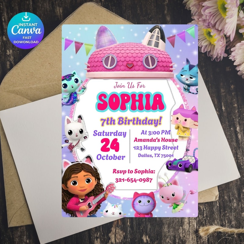 Editable Gabbys Dollhouse Invite Kids Birthday Dollhouse Birthday Dollhouse Party Invitation Editab 4