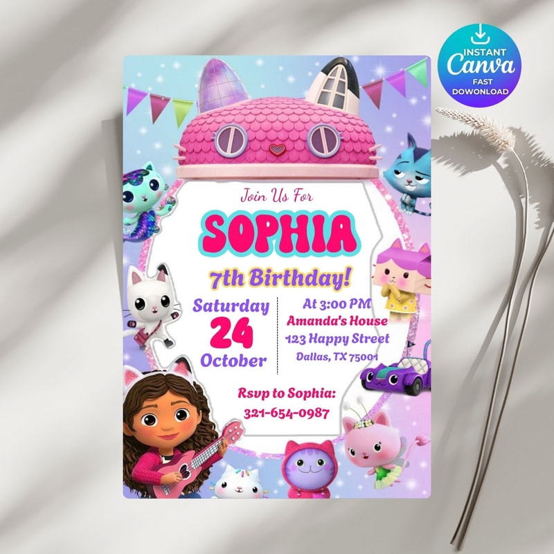 Editable Gabbys Dollhouse Invite Kids Birthday Dollhouse Birthday Dollhouse Party Invitation Editab 5