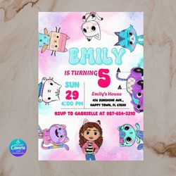 gabby's dollhouse birthday invitation editable, cute dollhouse party invite template, kids printable card