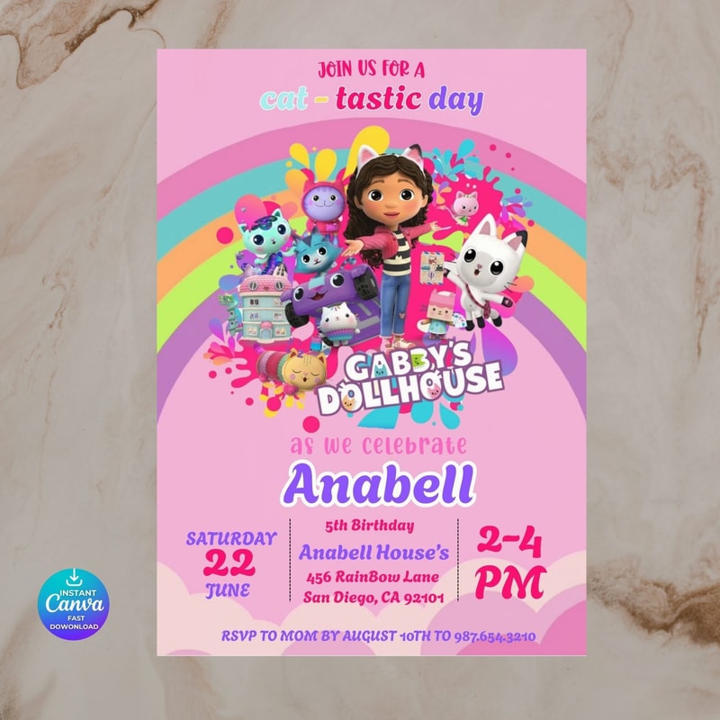 Gabby Dollhouse Birthday Invite Editable Kids Party Printable Digital File Template 0