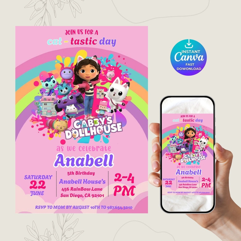 Gabby Dollhouse Birthday Invite Editable Kids Party Printable Digital File Template 9