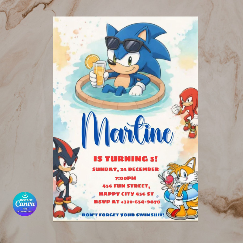 Sonic Pool Party Birthday Invitation Editable Sonic Canva Template Sonic Birthday Invite For Boys S 0