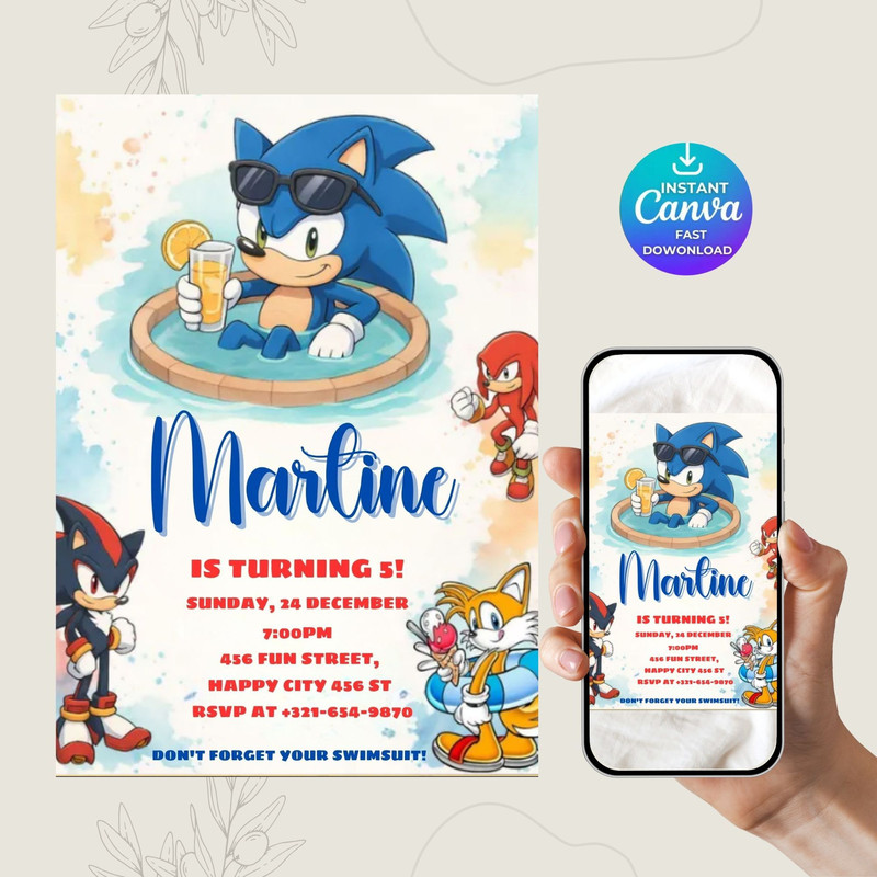 Sonic Pool Party Birthday Invitation Editable Sonic Canva Template Sonic Birthday Invite For Boys S 9