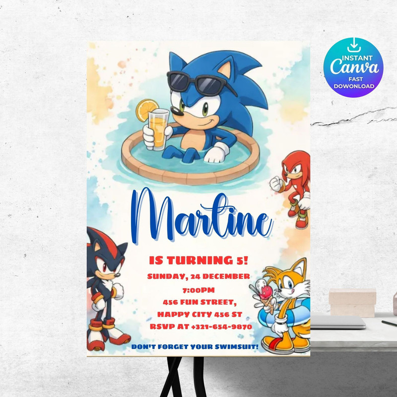 Sonic Pool Party Birthday Invitation Editable Sonic Canva Template Sonic Birthday Invite For Boys S 6