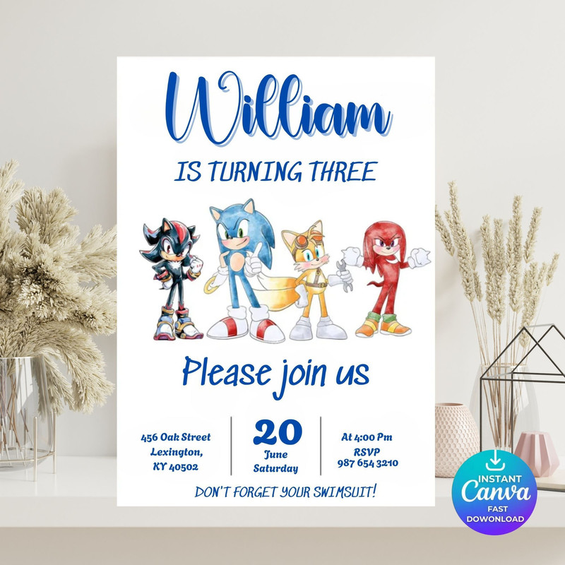 Editable Sonic Birthday Invitation FREE Sonic Thank You Tags Watercolor Sonic Birthday Invitation 2