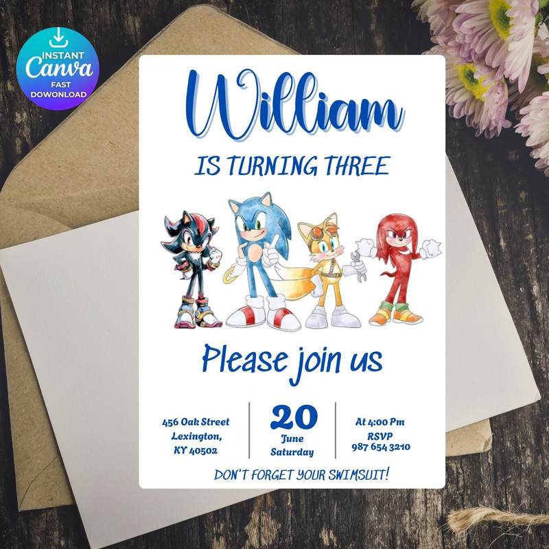Editable Sonic Birthday Invitation FREE Sonic Thank You Tags Watercolor Sonic Birthday Invitation 4