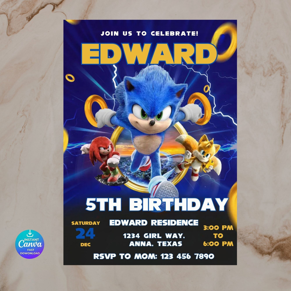Sonic Editable Birthday Invitation Hedgehog Party Invitation Template Printable For Boy And Girl In 1