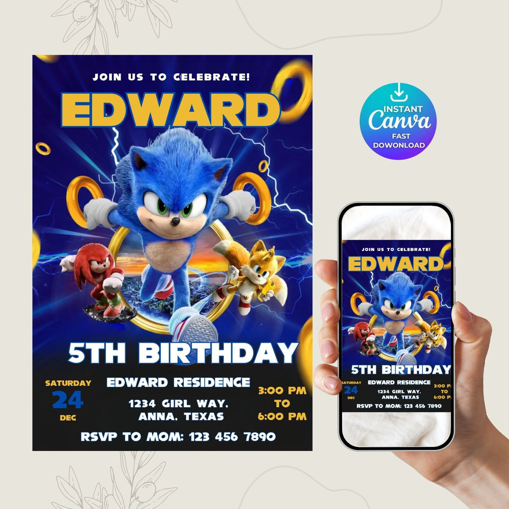 Sonic Editable Birthday Invitation Hedgehog Party Invitation Template Printable For Boy And Girl In 9