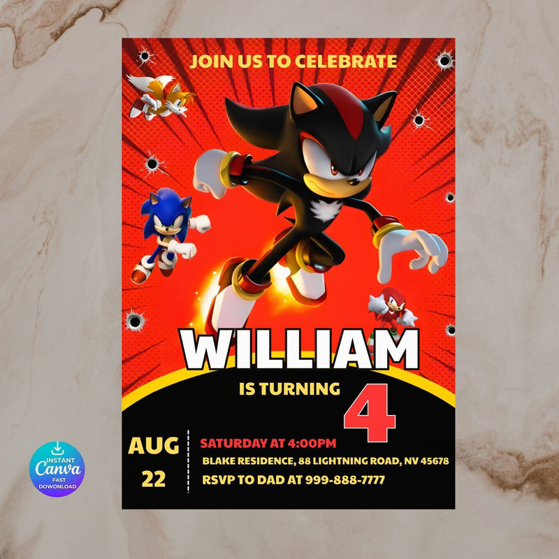 Sonic 5 Birthday Invitation Super Hedgehog Boys Party Invite Super Sonic Party Invitation Editable 1
